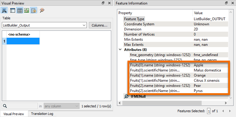 Fruits list in the Feature Information Window